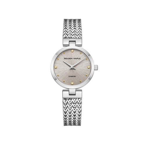 Gray Astral women's watch with silver metal strap - GOLDEN MAPLE
Gray women's watch featuring maple leaf dial and metallic band
GOLDEN MAPLE Astral Series gray dial watch - front view

