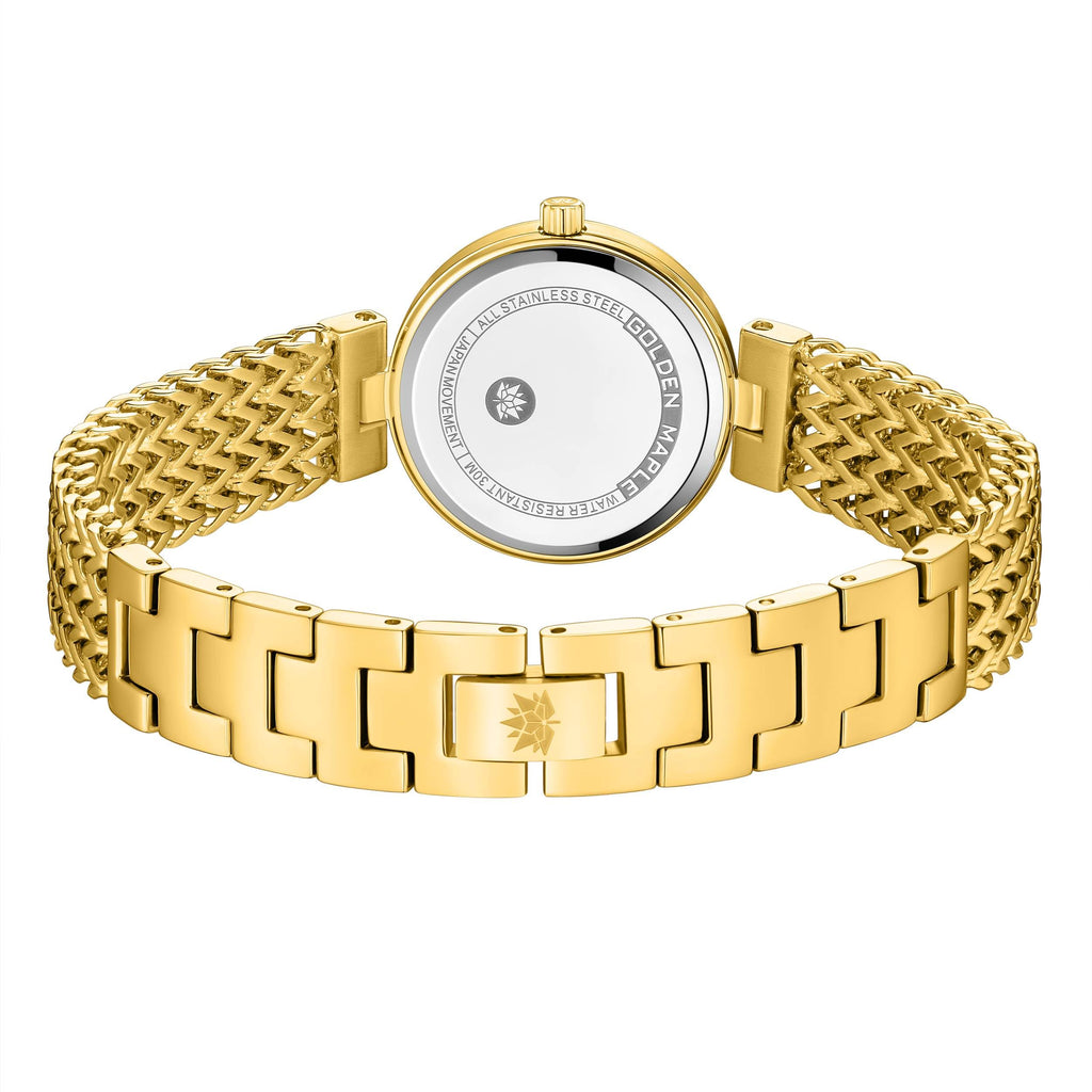 gold Astral watch case back detail - GOLDEN MAPLE branding and quality craftsmanship