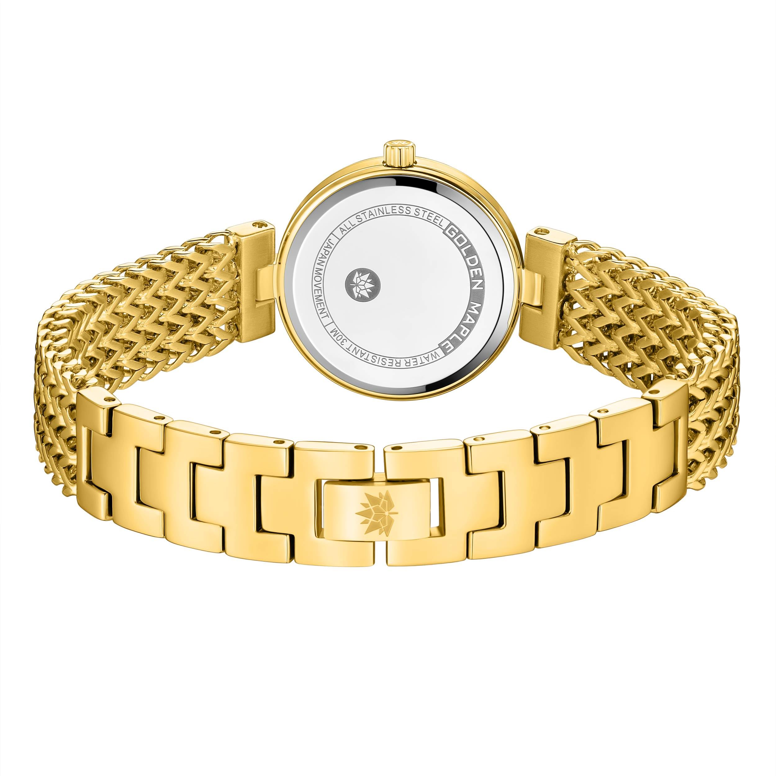 gold Astral watch case back detail - GOLDEN MAPLE branding and quality craftsmanship