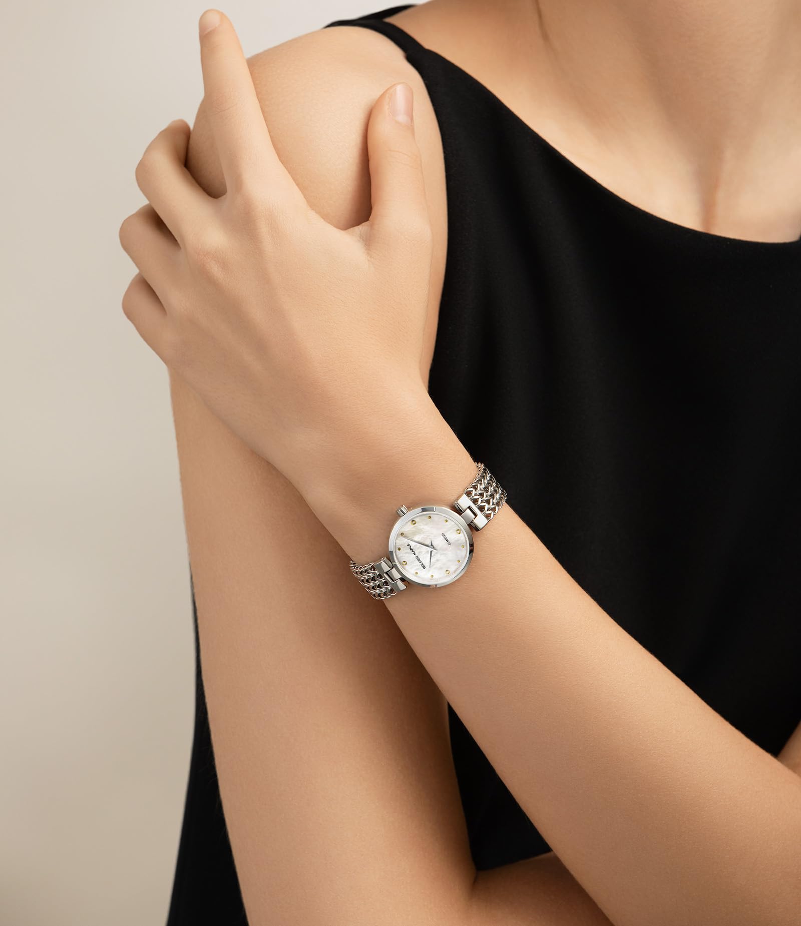 GOLDEN MAPLE Astral watch lifestyle shot - professional women's timepiece with pearl dial