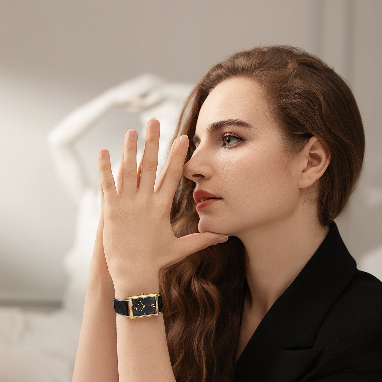 Square Rose Gold Watch -   Black