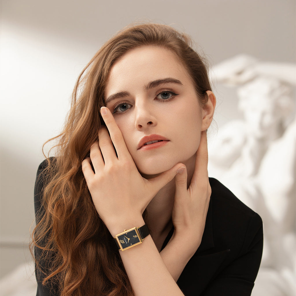 Square Rose Gold Watch -   Black