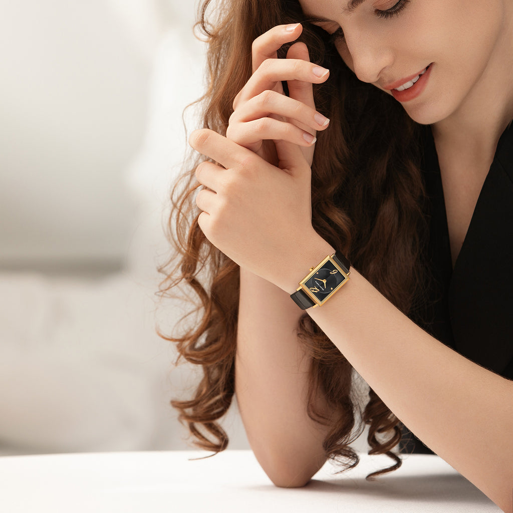 Square Rose Gold Watch -   Black